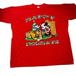 Vintage Disney Christmas Tshirt Mickey Mouse Santa and pluto Happy Holiday read*